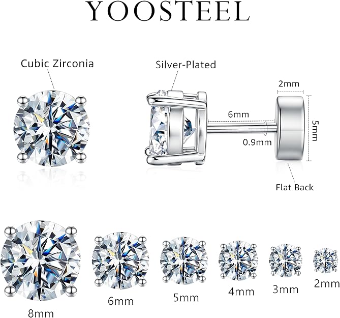 6 Pairs Hypoallergenic Silver-Plated Flat Back Earrings for Women,Stud Cartilage Earrings for Sensitive Ears Cubic Zirconia Ball Earring Screw Back Helix Conch Piercing Sets Trendy Jewelry Gifts