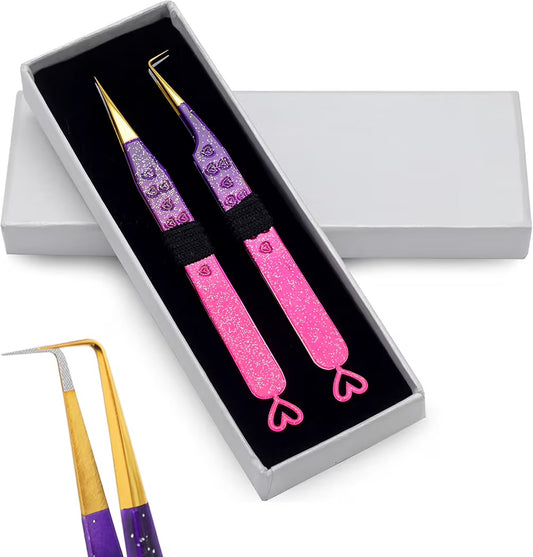Precision Eyelash Extension Tweezers,Straight And 90-Degree, with Fiber Tip, Volume & Isolation Tweezers, Japanese Stainless Steel, Unique Heart Design (Multi-Color)