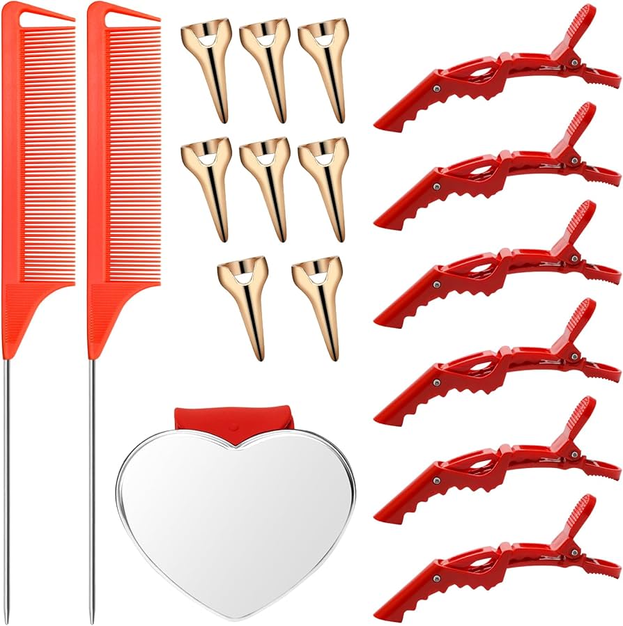 Hair Parting Tools Set, 17 Pieces Including Hair Parting Rings, Sectioning Clips, Rat Tail Combs, Magnetic Wrist Pin Holder for Braiding