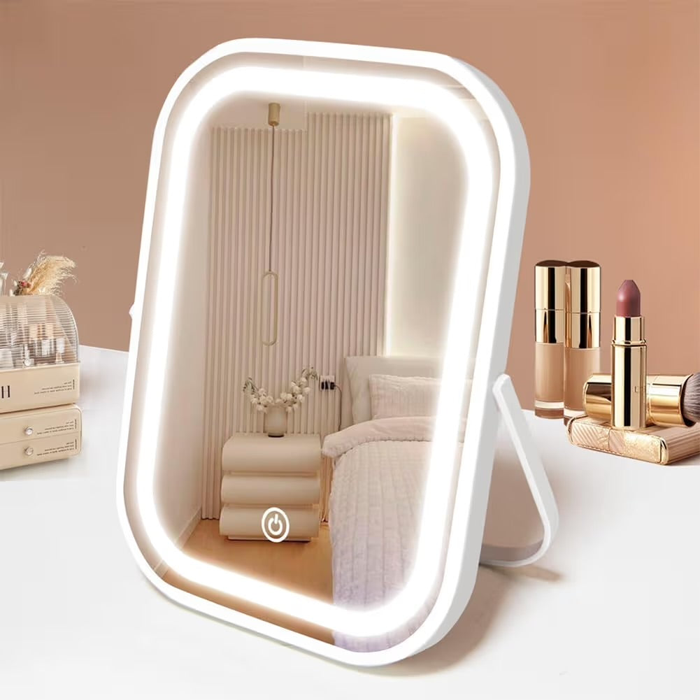 Travel Makeup Mirror with Lights, Portable Small Beauty LED Vanity Mirror with Lights, 1200mAh Battery, Dimmable Touch Screen, Tabletop Folding Compact Mirror,Women