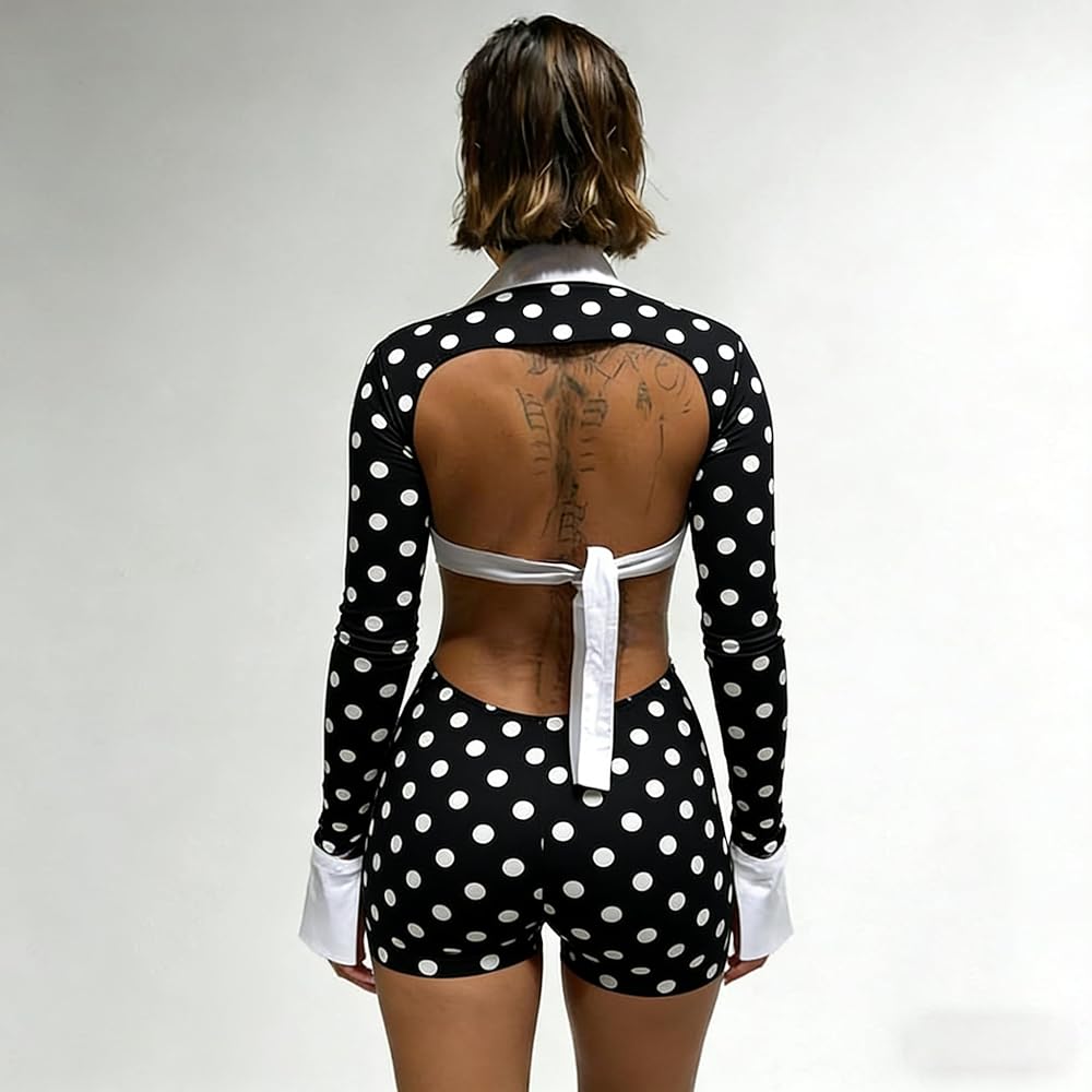 Women's Sexy Deep V Hollow Out Shirt Collar Long Sleeve Backless Strap Tight Jumpsuit Shorts Clubwear