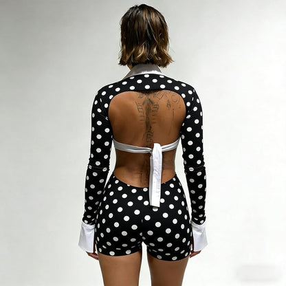 Women's Sexy Deep V Hollow Out Shirt Collar Long Sleeve Backless Strap Tight Jumpsuit Shorts Clubwear