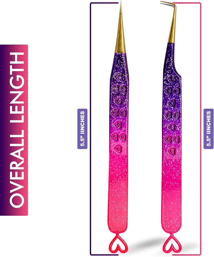 Precision Eyelash Extension Tweezers,Straight And 90-Degree, with Fiber Tip, Volume & Isolation Tweezers, Japanese Stainless Steel, Unique Heart Design (Multi-Color)