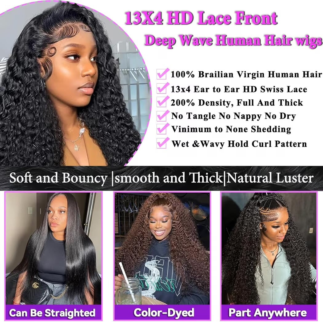 Aomllute 28 Inch Deep Wave Lace Front Wigs Human Hair 200 Density 13x4 HD Lace Frontal Wigs Human Hair Pre Plucked Deep Curly Glueless Wigs for Women Natural Black