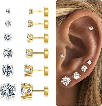 6 Pairs Hypoallergenic Silver-Plated Flat Back Earrings for Women,Stud Cartilage Earrings for Sensitive Ears Cubic Zirconia Ball Earring Screw Back Helix Conch Piercing Sets Trendy Jewelry Gifts