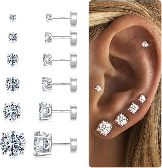 6 Pairs Hypoallergenic Silver-Plated Flat Back Earrings for Women,Stud Cartilage Earrings for Sensitive Ears Cubic Zirconia Ball Earring Screw Back Helix Conch Piercing Sets Trendy Jewelry Gifts