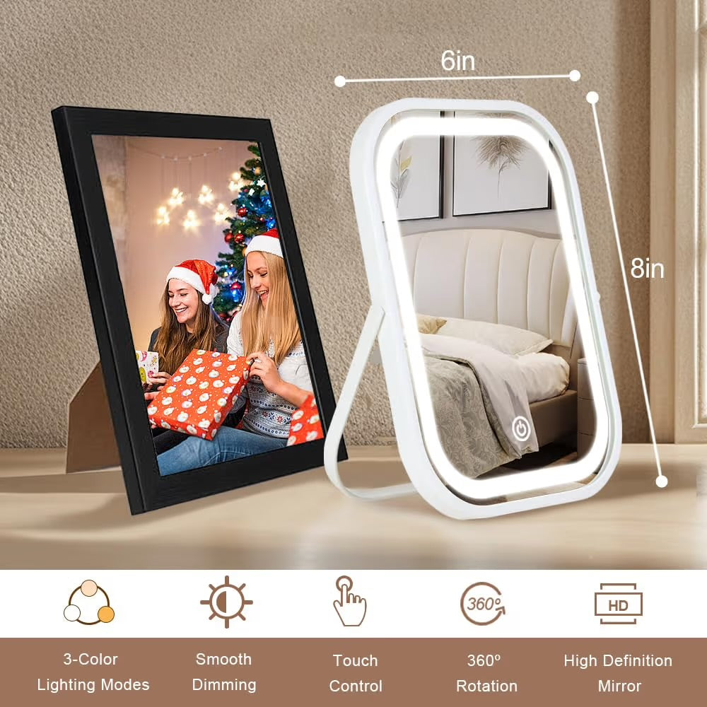 Travel Makeup Mirror with Lights, Portable Small Beauty LED Vanity Mirror with Lights, 1200mAh Battery, Dimmable Touch Screen, Tabletop Folding Compact Mirror,Women