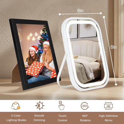 Travel Makeup Mirror with Lights, Portable Small Beauty LED Vanity Mirror with Lights, 1200mAh Battery, Dimmable Touch Screen, Tabletop Folding Compact Mirror,Women
