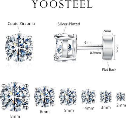 6 Pairs Hypoallergenic Silver-Plated Flat Back Earrings for Women,Stud Cartilage Earrings for Sensitive Ears Cubic Zirconia Ball Earring Screw Back Helix Conch Piercing Sets Trendy Jewelry Gifts