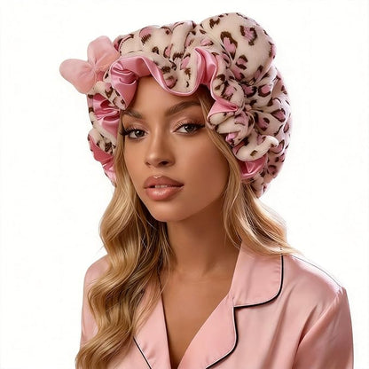Cute Cat Ear Leopard Sleep Bonnet for Women - Adjustable Strap, Plush Exterior, Pink Satin Lining, Anti-Frizz Hair Cap for Curly, Natural & Braided Hair