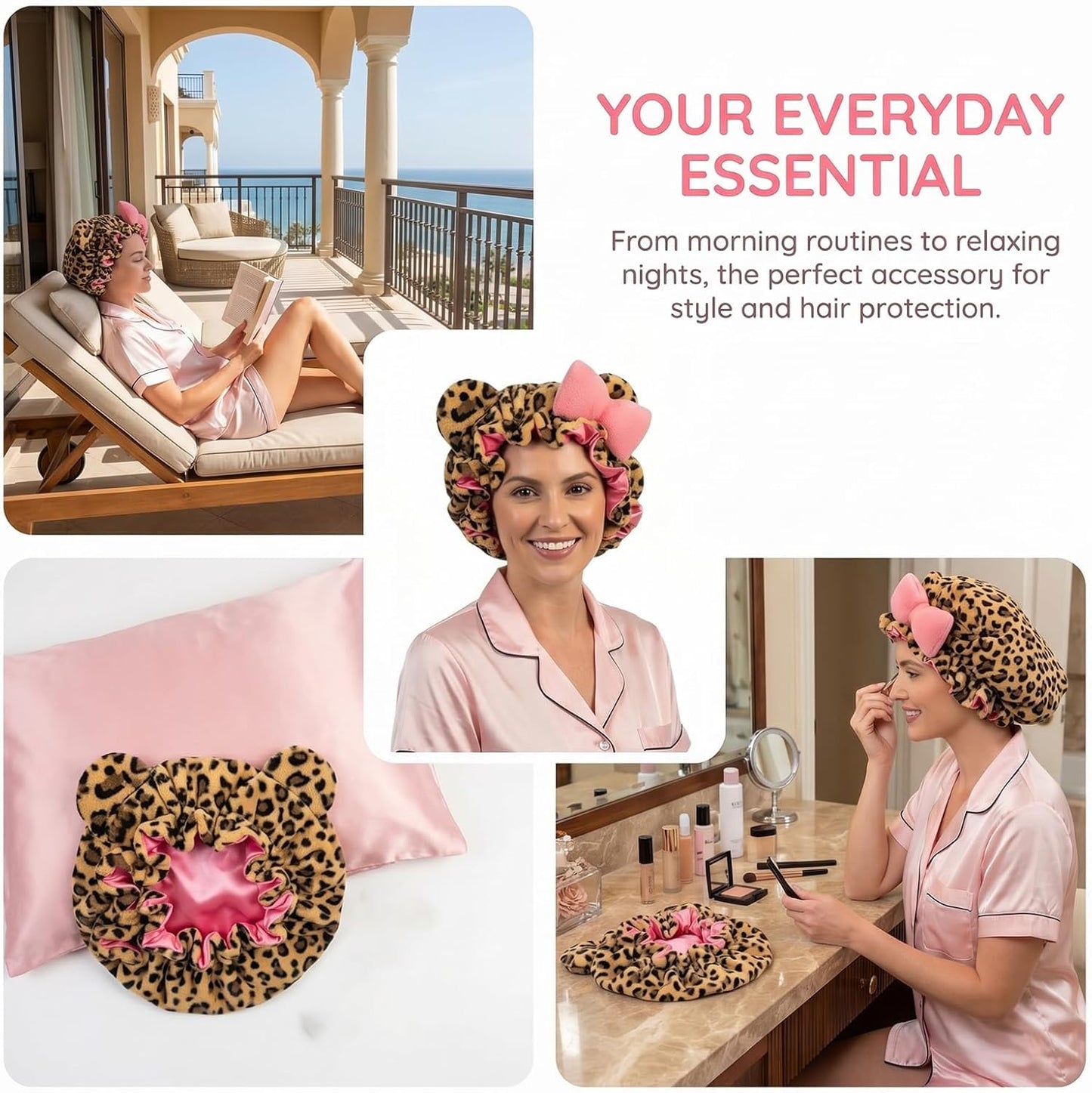 Cute Cat Ear Leopard Sleep Bonnet for Women - Adjustable Strap, Plush Exterior, Pink Satin Lining, Anti-Frizz Hair Cap for Curly, Natural & Braided Hair