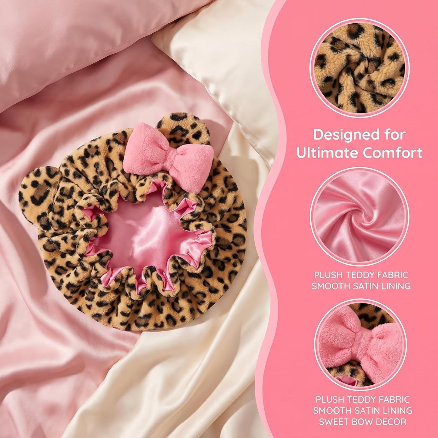 Cute Cat Ear Leopard Sleep Bonnet for Women - Adjustable Strap, Plush Exterior, Pink Satin Lining, Anti-Frizz Hair Cap for Curly, Natural & Braided Hair
