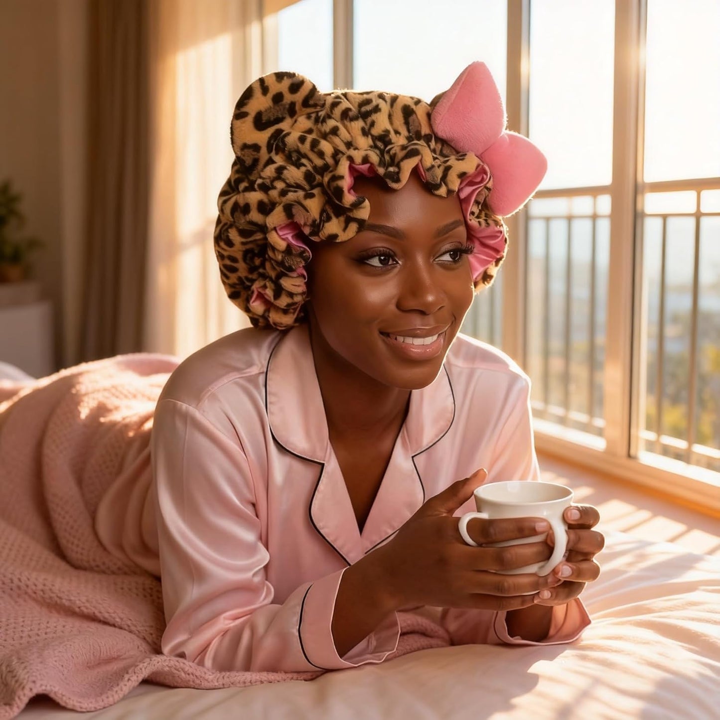 Cute Cat Ear Leopard Sleep Bonnet for Women - Adjustable Strap, Plush Exterior, Pink Satin Lining, Anti-Frizz Hair Cap for Curly, Natural & Braided Hair