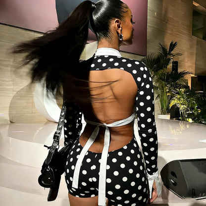 Women's Sexy Deep V Hollow Out Shirt Collar Long Sleeve Backless Strap Tight Jumpsuit Shorts Clubwear