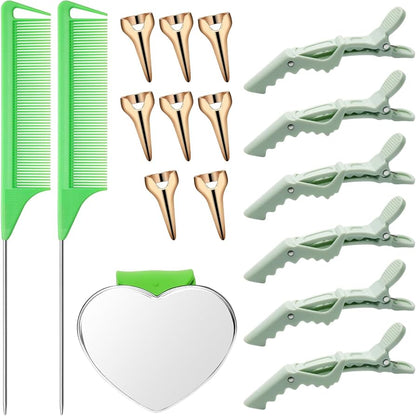 Hair Parting Tools Set, 17 Pieces Including Hair Parting Rings, Sectioning Clips, Rat Tail Combs, Magnetic Wrist Pin Holder for Braiding