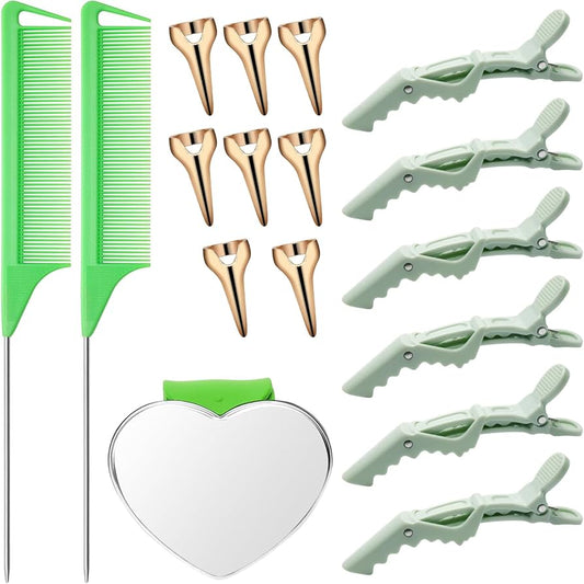 Hair Parting Tools Set, 17 Pieces Including Hair Parting Rings, Sectioning Clips, Rat Tail Combs, Magnetic Wrist Pin Holder for Braiding