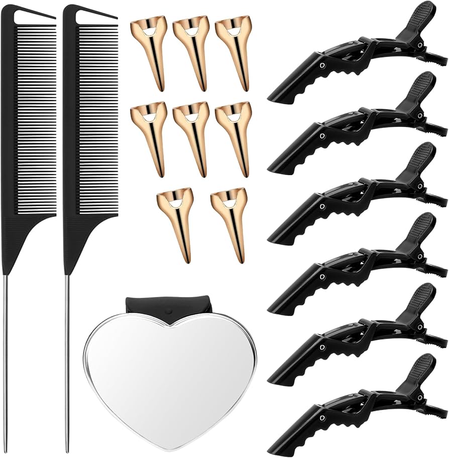 Hair Parting Tools Set, 17 Pieces Including Hair Parting Rings, Sectioning Clips, Rat Tail Combs, Magnetic Wrist Pin Holder for Braiding