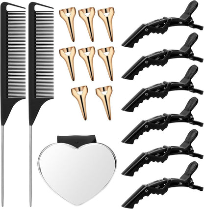 Hair Parting Tools Set, 17 Pieces Including Hair Parting Rings, Sectioning Clips, Rat Tail Combs, Magnetic Wrist Pin Holder for Braiding