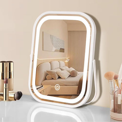 Travel Makeup Mirror with Lights, Portable Small Beauty LED Vanity Mirror with Lights, 1200mAh Battery, Dimmable Touch Screen, Tabletop Folding Compact Mirror,Women