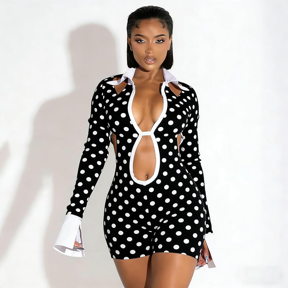 Women's Sexy Deep V Hollow Out Shirt Collar Long Sleeve Backless Strap Tight Jumpsuit Shorts Clubwear