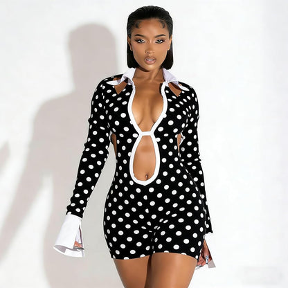 Women's Sexy Deep V Hollow Out Shirt Collar Long Sleeve Backless Strap Tight Jumpsuit Shorts Clubwear