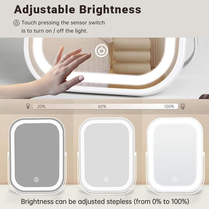 Travel Makeup Mirror with Lights, Portable Small Beauty LED Vanity Mirror with Lights, 1200mAh Battery, Dimmable Touch Screen, Tabletop Folding Compact Mirror,Women