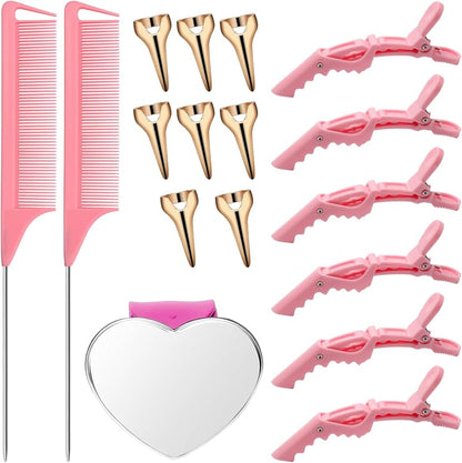 Hair Parting Tools Set, 17 Pieces Including Hair Parting Rings, Sectioning Clips, Rat Tail Combs, Magnetic Wrist Pin Holder for Braiding