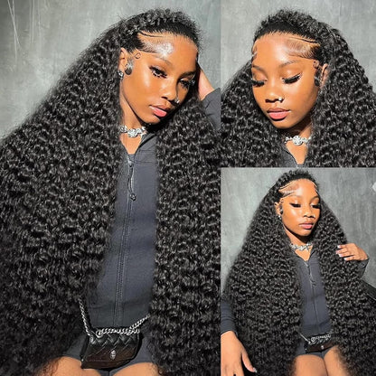 Aomllute 28 Inch Deep Wave Lace Front Wigs Human Hair 200 Density 13x4 HD Lace Frontal Wigs Human Hair Pre Plucked Deep Curly Glueless Wigs for Women Natural Black