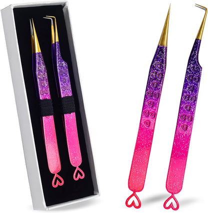 Precision Eyelash Extension Tweezers,Straight And 90-Degree, with Fiber Tip, Volume & Isolation Tweezers, Japanese Stainless Steel, Unique Heart Design (Multi-Color)