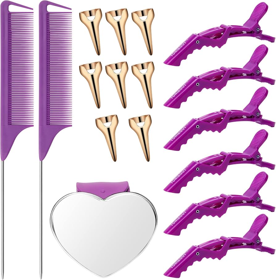 Hair Parting Tools Set, 17 Pieces Including Hair Parting Rings, Sectioning Clips, Rat Tail Combs, Magnetic Wrist Pin Holder for Braiding