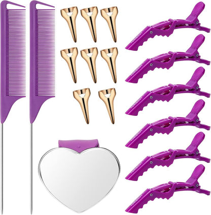 Hair Parting Tools Set, 17 Pieces Including Hair Parting Rings, Sectioning Clips, Rat Tail Combs, Magnetic Wrist Pin Holder for Braiding