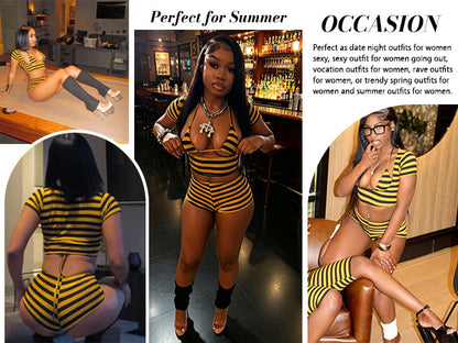 Women’s 2 Piece Stripe Sets Short Sleeve Cut Out Crop Top Bodycon Mini Shorts Set Rave Beach Outfits Y2K Clubwear